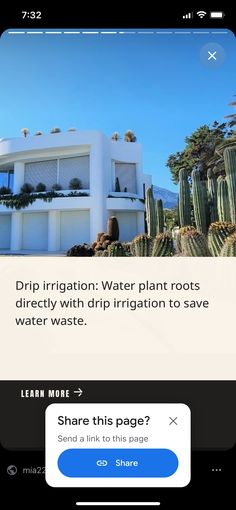 an iphone screenshot of a house with water plants in the front and text that reads, drip irrigation water plant roots directly with drip irrification to save water waste