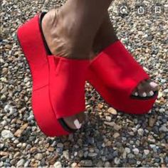 Never Worn Summer Slip-on Heels With Red Sole, Summer Red Heels With Red Sole, Red Round Toe Heels For Spring, Red Heels With Red Sole For Summer, Spring Red Round Toe Heels, Red Platform Slip-on Sandals, Chic Red Platform Sandals, Spring Synthetic Heels With Red Sole, Casual Red Closed Toe Sandals