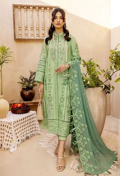 Adan Libas Kelly Elizabeth Embroidered Lawn Pakistani Dresses Eid, Raw Silk Fabric, Lawn Suit, Organza Sleeves, Embroidered Chiffon, Luxe Wedding, Green Lawn, Silk Trousers, Lawn Suits