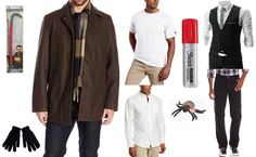 men's clothing and accessories are displayed in this image, including a coat, shirt, tie, pants, sweater, hat, and gloves