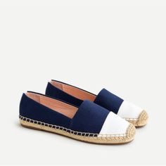 Navy Blue And Ivory Canvas Espadrilles. Arrived With Slight Mark On Right Shoe (See Last Photo), But Not Noticeable Unless One Closely. New With Box. White Espadrilles With Contrast Sole For Spring, White Espadrilles With Contrast Sole For Summer, Chic White Espadrilles, Blue Espadrilles With Rubber Sole For Spring, Blue Textured Sole Slip-on Espadrilles, Blue Slip-on Espadrilles With Textured Sole, Navy Casual Espadrilles For Summer, White Slip-on Flat Espadrilles, White Slip-on Flat Heel Espadrilles