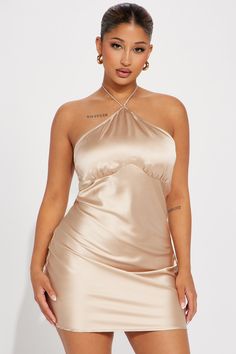 Available In Champagne And Emerald. Satin Mini Dress Halter Y-Neckline Hidden Side Zipper Backless Lined Length = 33" 95% Polyester 5% Spandex Imported California Proposition 65 WARNING: Cancer and Reproductive Harm - www.P65Warnings.ca.gov. | Clarisa Satin Mini Dress in Champagne size XL by Fashion Nova Champagne Fashion, Mini Dress Halter, Dress Halter, Satin Mini Dress, Lingerie Fashion, Side Zipper, Fashion Nova, Halter Dress, Champagne