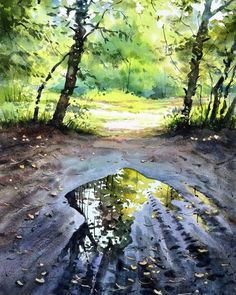 a painting of a puddle in the middle of a forest