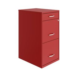 a red filing cabinet with two drawers on each side and one door open to reveal the bottom drawer