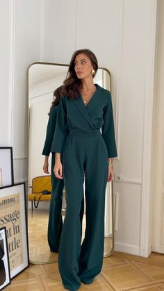 Chic V-neck Suits For Spring, Semi-formal High-waisted Fall Pantsuit, Fitted V-neck Suits For Work, Tailored V-neck Suits For Fall, Chic Long Sleeve Pantsuit For Business Casual, Semi-formal Fall Pantsuit With High-waisted Pants, Elegant Wide Leg Jumpsuits And Rompers With Pockets, Formal V-neck Fall Suits, Chic Long Sleeve Pantsuit For Fall