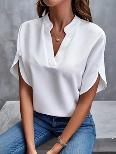 Olivia Mark - Loose-Fit Casual Solid Color Blouse with Wide Collar Split Sleeve, Casual Shirt Women, Stylish Blouse, Elegant Blouses, Versatile Outfits, Loose Shirts, Oversized Top, Plus Size Kleidung, Chiffon Shirt