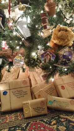 presents under the christmas tree are wrapped in brown paper and tied with twine string