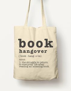 a book hangover tote bag hanging on a wall with the words'book hangover'printed on it