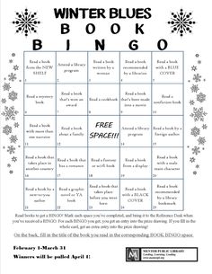 the winter blues bingo game is shown with snowflakes around it and words that spell out