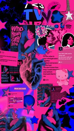 a collage of various images and text on a pink background with blue, black and white stars