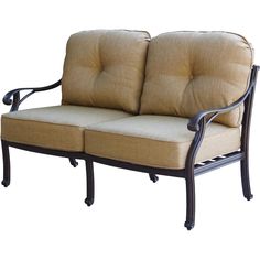 an outdoor loveseat with two cushions on it