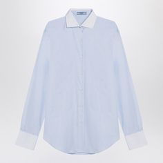 Light Blue Cotton Prada Shirt From Prada Featuring Long Sleeves, Contrasting White Button Cuffs And Collar, Front Button Placket, Curved Hem And Rear Triangle Logo Patch. Model Wears Size 38 It Model Measurements: Height: 180 Cm Chest: 85 Cm Waist: 66 Cm Hips: 89 Cm Size Type: It Material: Cotton Sku: 2f-P452hrooo15se/P_prada-F0012_102 Welcome To The Official Luosophy Poshmark Closet! Luosophy Is A Luxury Brand Reselling Company Founded In San Diego, Ca From 2016. All Our Products Are Imported F Blue Top With Concealed Placket And Spread Collar, Light Blue Workwear Shirt With Placket, Blue Shirt With Concealed Placket And Fold Down Collar, Light Blue Collared Shirt For Office, Blue Collared Top For Business, Light Blue Tops With Button Cuffs And Spread Collar, Light Blue Shirt With Spread Collar, Light Blue Office Shirt With Button Cuffs, Light Blue Collared Shirt For Work