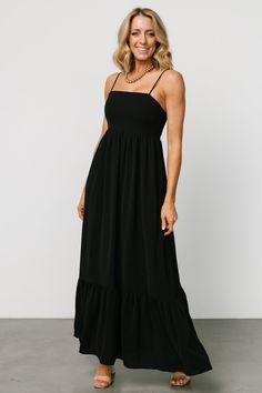 Regan Tank Maxi Dress | Black Black Tiered Maxi Dress, Spaghetti Strap Outfit, Black Sundress, Embellished Maxi Dress, Tank Maxi Dress, Maxi Dress Black, Chiffon Material, Maxi Tank Dress, Tiered Maxi Dress