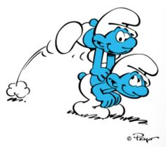 the smurfs are playing with each other in front of a white background,