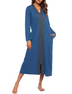 PRICES MAY VARY. Soft Material: Ekouaer zipper robes for women are made of 65% cotton and 35% polyester, which is comfortable, lightweight, and breathable. The cotton fabric brings you the ultimate comfort. Wear this women's long sleeve housecoat， keep you relaxed at home. Full Zipper: The women's robe with a zipper on the front is easy to wear and take off, providing the perfect combination of warmth and comfort. And open the zipper as a long cardigan jacket and match it with denim shorts to sh Snorkel Blue, Robes For Women, Women's Robe, Neckline Designs, Comfort Wear, Amazon Women, Cardigan Jacket, Long Cardigan, Jeans Shorts