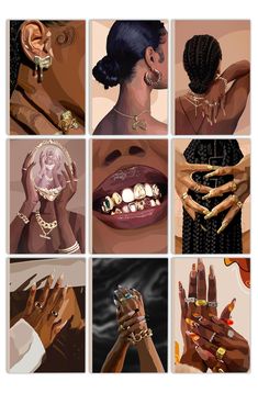 several images of different types of jewelry and rings on hands, with one woman's face in the middle