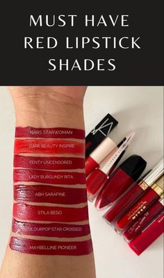 Must have red lipstick products Everyday Red Lipstick Casual, Best Red Lipstick For Fair Skin, Cherry Red Lipstick Shades, Eye Makeup With Red Lipstick, Warm Red Lipstick, Cool Red Lipstick, Red Lipstick Aesthetic, Red Lipstick Swatches, Dark Red Lipstick Makeup