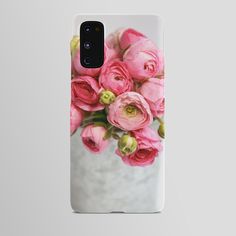 a bouquet of pink roses in a vase on a white background phone case for the samsung s10