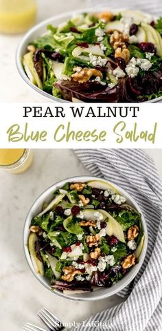 two bowls filled with blue cheese salad on top of a table