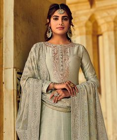 Dusty Sage Green Designer Embroidered Silk Wedding Sharara Suit-Saira's Boutique Green Indian Outfit, Green Indian Dress, Wedding Sharara Suit, Green Suit Women, Wedding Sharara, Dusty Sage Green, Embroidered Buttons, Party Wears, Wedding Reception Party