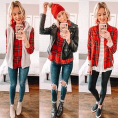 Red Plaid Flannel Outfit, Red And Black Flannel Outfit, Christmas Day Outfit Casual, Red Flannel Outfits, Red Flannel Shirt Outfit, Ways To Wear A Flannel Shirt, Red Flannel Outfit