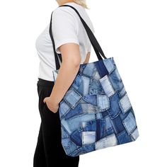 "This bag features a realistic patchwork design reminiscent of classic jeans. Versatile and stylish, it's perfect for daily essentials. *This is not a Jeans bag, it is a printed design on a polyester bag. Find more gifts here: https://nangeandgabe.etsy.com/?section_id=45410761#items HOW TO ORDER? 1. Select Quantity 2. Select size 3. Click 𝗔𝗗𝗗 𝗧𝗢 𝗖𝗔𝗥𝗧. DETAILS ►Made with 100% polyester, a medium-weight fabric (6.49 oz/yd² (200 g/m that is highly durable and perfect for everyday use.      Extremely strong and durable synthetic fabric that retains its shape and dries quickly ►All tote bags come with a non-woven laminate inside      1x large storage compartment ►Black cotton handles     Reinforced stitching on handles ► NB! Size tolerance 0.75\" (1.9 cm))     The size tolerance of 0.7 Denim Blue Tote Bag With Removable Pouch, Denim Blue Large Capacity Tote Bag, Denim Patchwork Bag For Everyday Use, Jean Patches, Recycled Denim Tote Shoulder Bag With Pockets, Eco-friendly Rectangular Denim Bag, Christ Shirts, American Gifts, Gifts For Surfers