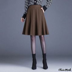 Olivia Mark - Womens Plaid Midi Skirt with a Flattering A-Line Silhouette, High Waist, and Stylish Pleats Umbrella Silhouette, Plaid Midi Skirt, Plaid Wool Skirt, Umbrella Skirt, Coffee Color, Wrap Around Skirt, Designer Drapes, Wool Skirt, Wool Skirts