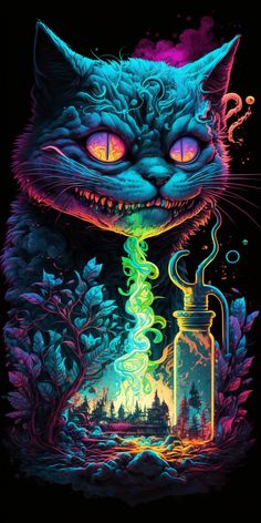 a painting of a cat with glowing eyes and an open jar in the foreground