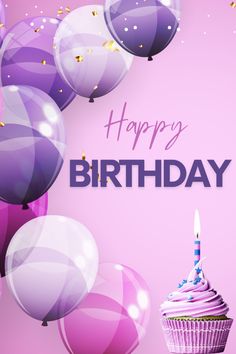 a cupcake and balloons with the words happy birthday written on it in front of a pink background