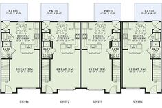 the floor plan for an apartment building with four levels and three rooms, each with different zones