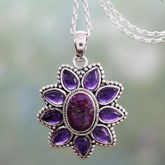 Embraced by a sterling silver halo, cabochon amethysts evoke ruffled petals as they surround a purple gem with golden veins. Neeru Goel presents a radiant handcrafted necklace that features composite turquoise. Amethyst Pendant Necklace, Purple Things, Purple Suits, Sweet Jewelry, Amethyst Necklace Pendant, Purple Gems, Earring Sets, Purple Jewelry, Family Jewels