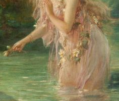 a painting of a woman in the water with flowers around her neck and hands on her chest