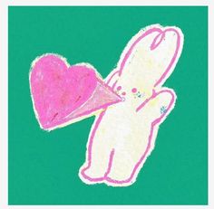 a drawing of a teddy bear with a pink heart in its mouth on a green background