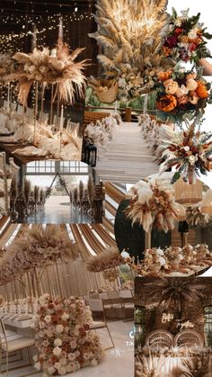 a collage of different types of wedding decorations and flowers in gold, orange, white and brown colors