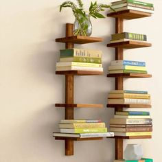 a wooden shelf filled with books and a potted plant on top of it next to a wall