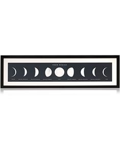 the phases of the moon on a black and white framed wall mounted in a wooden frame