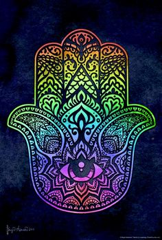 a colorful hamsa with an intricate design on it's chest and hand, in the center