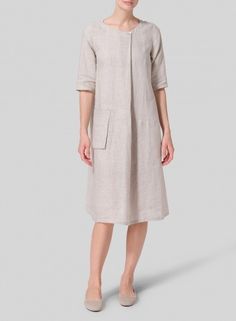 Linen Long Center Pleated Dress - Plus Size Elegant Shift Midi Dress With Pockets, Elegant Midi Dress With Pockets For Vacation, Elegant Spring Linen Dress With Relaxed Fit, Chic Spring Linen Dress With Pockets, Spring Linen Shirt Dress, Spring Linen Shift Midi Dress, Casual Linen Dress For Spring Workwear, Linen Shift Midi Dress For Spring, Casual Neutral Linen Midi Dress