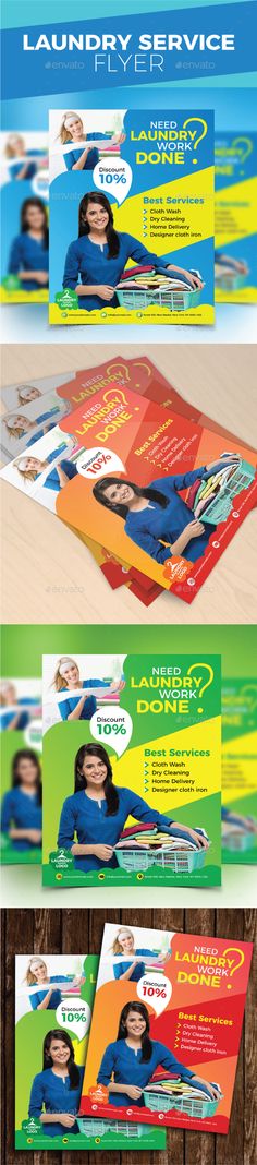 three different colored banners with the words laundry service on them and an image of a woman in