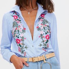 Brand New Button Down Shirt. Size 4. Embroidery Items, Blue Embroidered Top, Floral Embroidered Shirt, Pinstripe Shirt, Blue Button Up Shirt, Comparison Chart, Court Heels, Pretty Little Thing, Silver Buttons