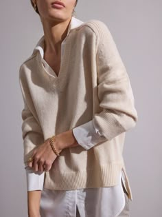 Looker ivory layered v-neck sweater front view V-neck Sweater, Fall 24 Fashion Trends, Collared Shirt Under Sweater, Sweater With Collared Shirt, V Neck Sweater Outfit, Collared Shirt And Sweater, Camel Outfit, Brochu Walker, Layered Sweater