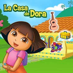 a cartoon girl standing in front of a house with a guitar on the back ground