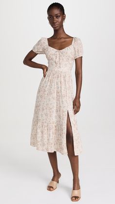 PAIGE Otienne Dress | Shopbop Fitted Dress With Smocked Back In Rayon, Stretch Midi Dress With Smocked Back, Casual Fitted Midi Dress With Gathered Neckline, Spring Rayon Dress With Side Slits, Fitted Knee-length Dress With Elastic Neckline, Viscose Midi Dress With Smocked Back, Stretch Midi Dress With Smocked Bodice, Fitted Midi Dress With Side Slits For Daywear, Spring Midi Dress With Split Hem