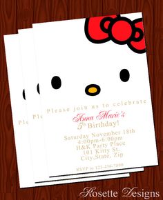 three hello kitty birthday party cards on a wooden background with the words, please join us to celebrate