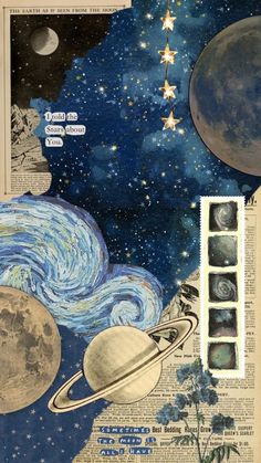 an altered collage of space and stars with stamps on the pages to make them look like they are in outer space