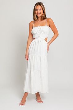 Sleeveless Spaghetti Straps Maxi Length Ruffle Tiered Detailing Fabric: 65% Polyester + 35% Rayon Hand Wash Cold. Do Not Bleach. Line Dry. Iron Low Heat. White Spaghetti, Ruffle Maxi Dress, White Maxi Dress, White Maxi, Ruffled Maxi Dress, White Sleeveless, Swimwear Sale, White Maxi Dresses, Dresses Xs