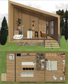 the floor plan of a tiny house with stairs and living room on top of it