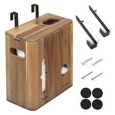 a wooden tissue dispenser with black handles and four pieces of toilet paper