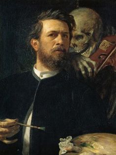 a painting of a man holding a paintbrush in front of a skull and violin