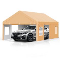 a car is parked in front of a house with a tent on the roof and an open door